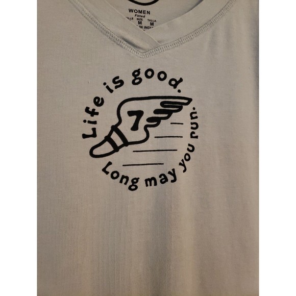 Life Is Good Women M Fitted Running Track T-Shirt Gray Long May You Run - Picture 2 of 4
